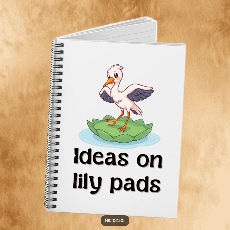 Funny Heron Notebook: A delighted bird gracefully lands on a lily pad, perfect for notes with a touch of natural humor.