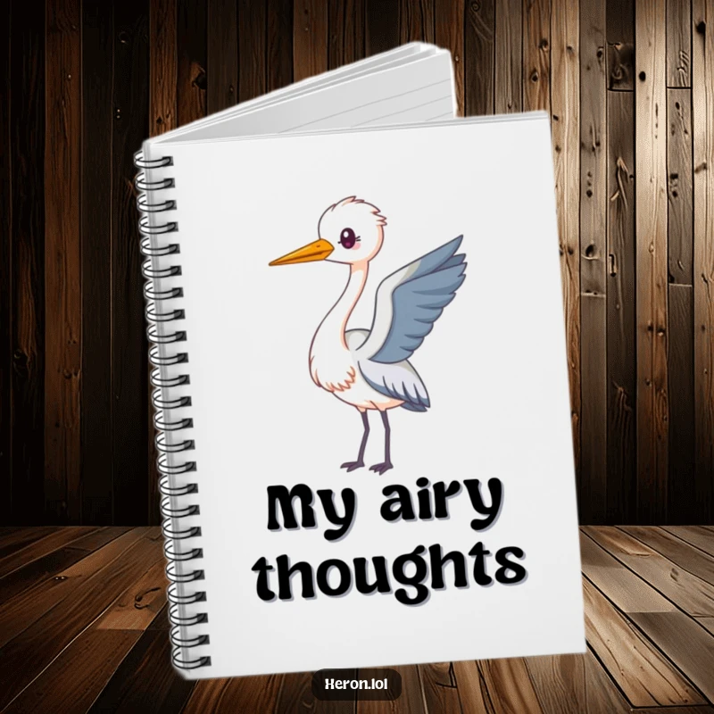 Funny Kawaii Heron Notebook with a long-necked heron looping playfully, ideal for jotting down ideas with adorable humor.