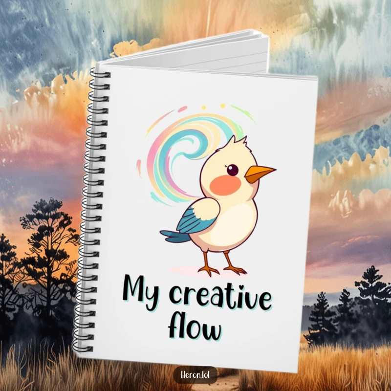 Funny notebook cover featuring a bird artistically painting a swirling pattern in the air, ideal for creative journaling.