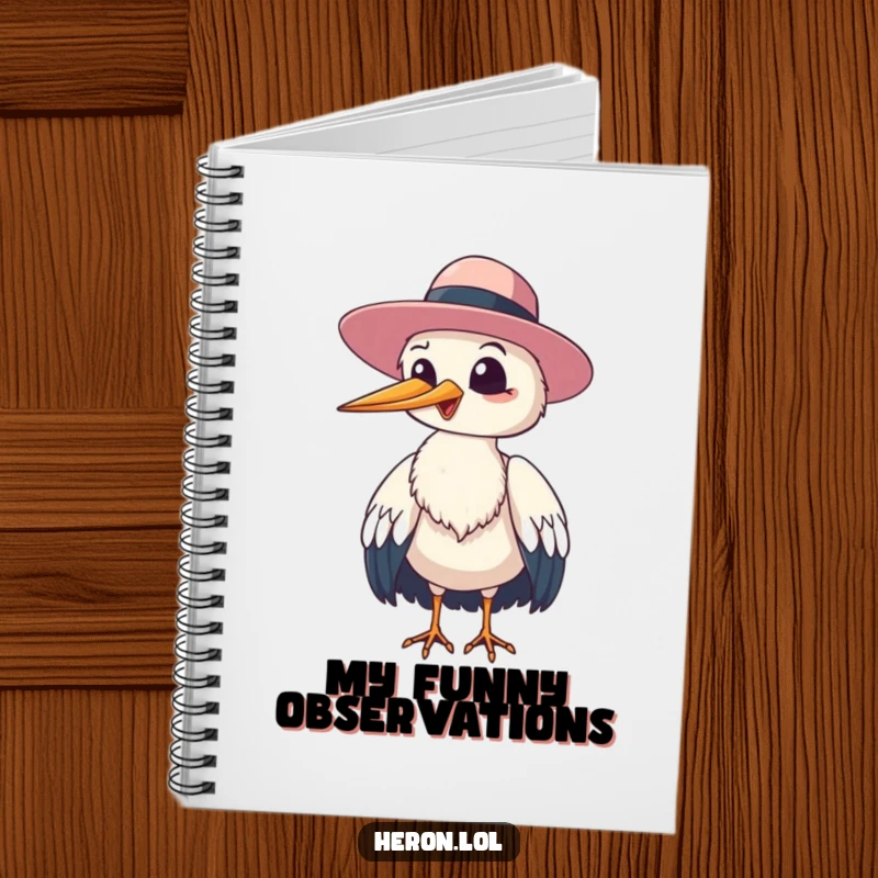 Funny heron bird giggling and tipping its floppy hat to the viewer, a humorous notebook for jotting notes.