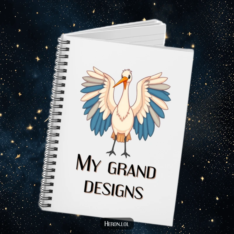 Funny Heron Notebook: A vibrant heron bird with large, colorful wings gracing the cover, inspiring creativity and elegant note-taking.
