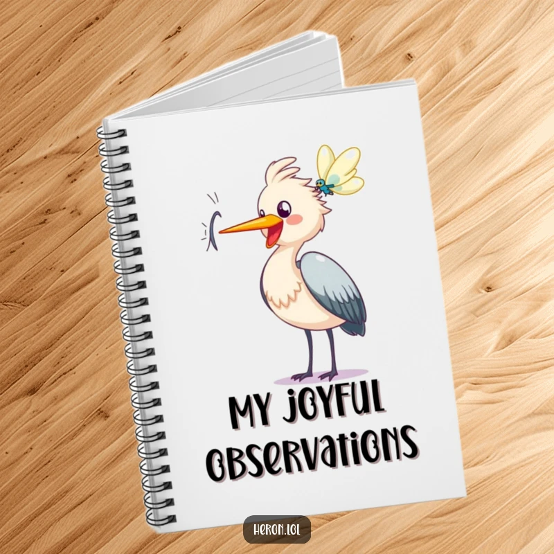 Funny heron notebook, journal, happy bird cawing at dragonfly, joyful cartoon design, stationery gift.
