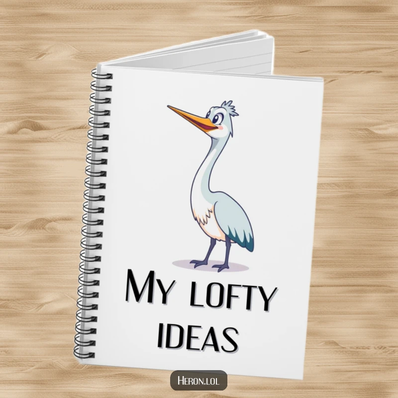 Funny cute heron stretching its long neck upwards with a wide grin on a ruled notebook.