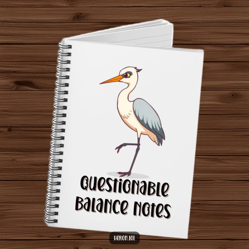Funny notebook cover featuring a heron in a comical tiptoeing pose on one leg, designed to inspire humorous note-taking.