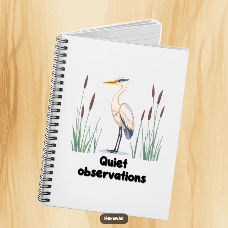 Serene heron bird notebook, majestic and standing tall amidst reeds, perfect for jotting down peaceful thoughts.