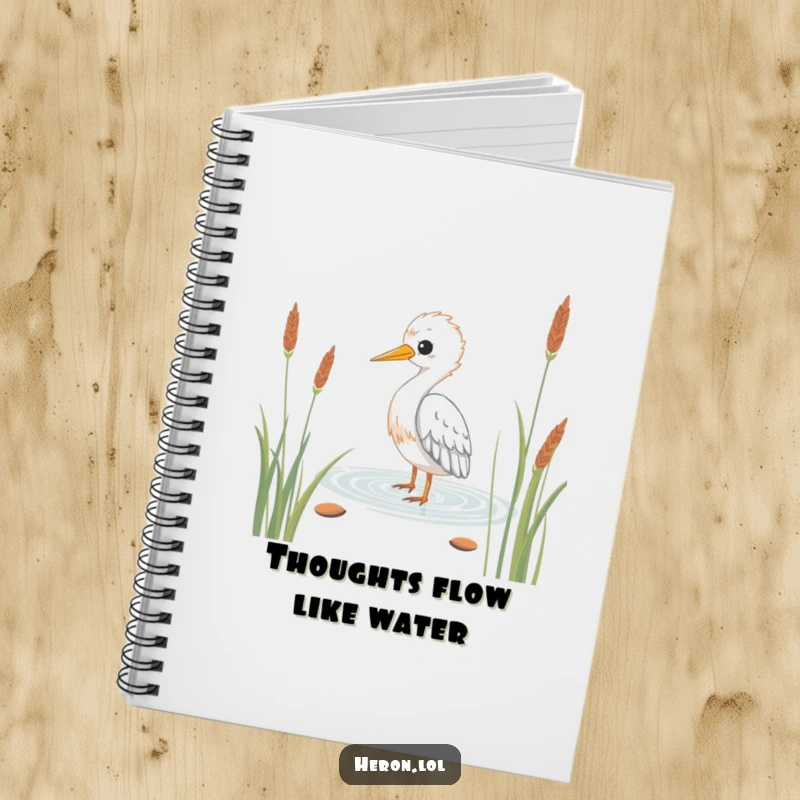Funny Kawaii Heron Notebook: Cute bird wading through reeds on a journal, perfect for humorous note-taking and sketching.