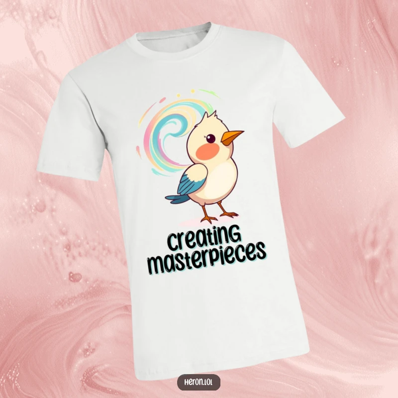 Funny t-shirt featuring a bird artistically painting a swirling pattern in the air with its beak, promoting creativity.