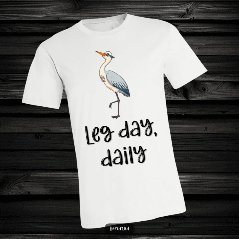 Adorable heron balanced on one leg, gazing upwards at the sky, a cute and stylish t-shirt design.