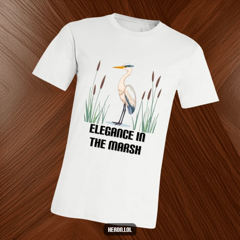 Serene t-shirt featuring a majestic heron bird standing tall amidst tall reeds, embodying peace and natural beauty.