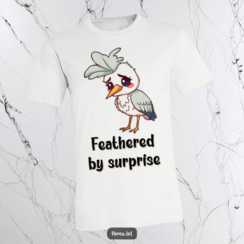 Funny Confused Heron T-Shirt: A heron displays utter confusion with a comically massive feather atop its head.