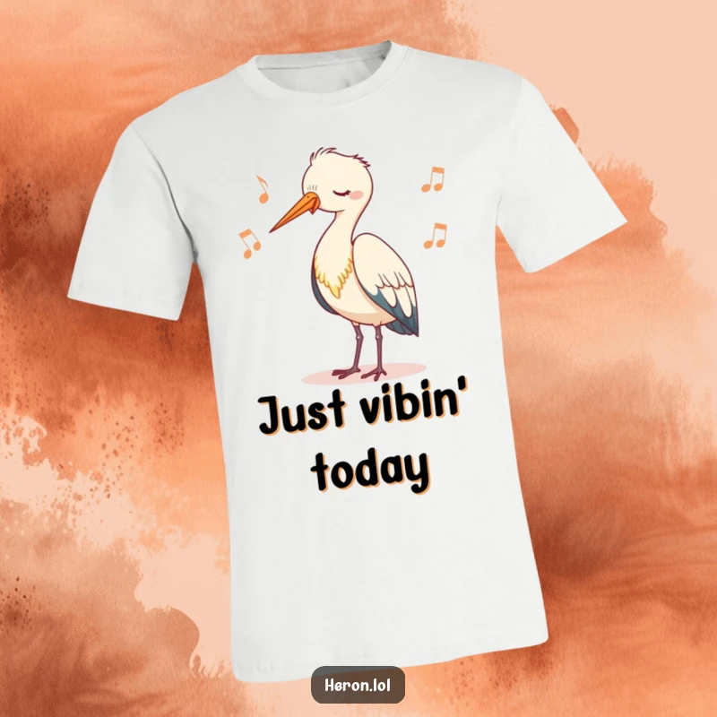 Funny t-shirt graphic of a cute heron character bobbing its head rhythmically, embodying calm, nature-inspired coolness.