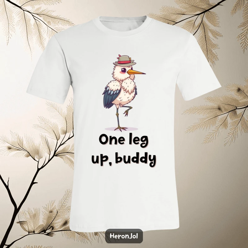 Funny fluffy heron t-shirt, standing on one leg, balancing a hat, whimsical apparel, perfect for bird lovers, a stylish funny gift.