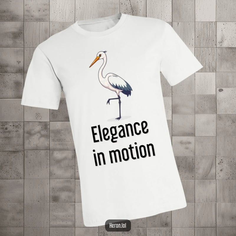 Funny heron t-shirt, elegant bird posing on one leg, graceful long neck curved, sophisticated cartoon design, unique gift.