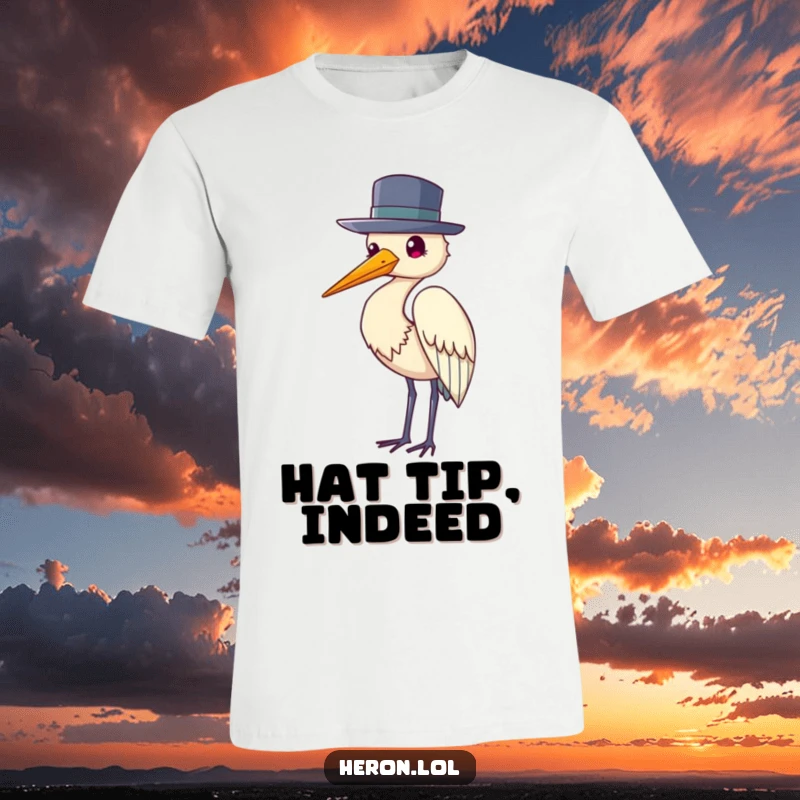Funny t-shirt graphic of a heron bird wearing a tiny hat and performing a polite, courteous hat tip.