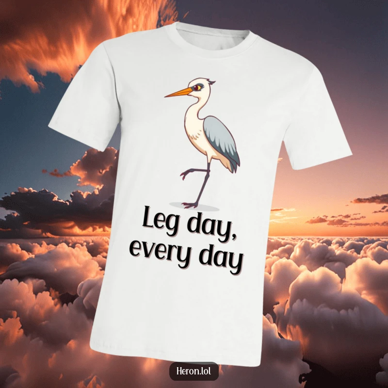 Funny t-shirt featuring a heron performing a comical tiptoe pose on one slender leg, capturing a moment of hilarious avian effort.