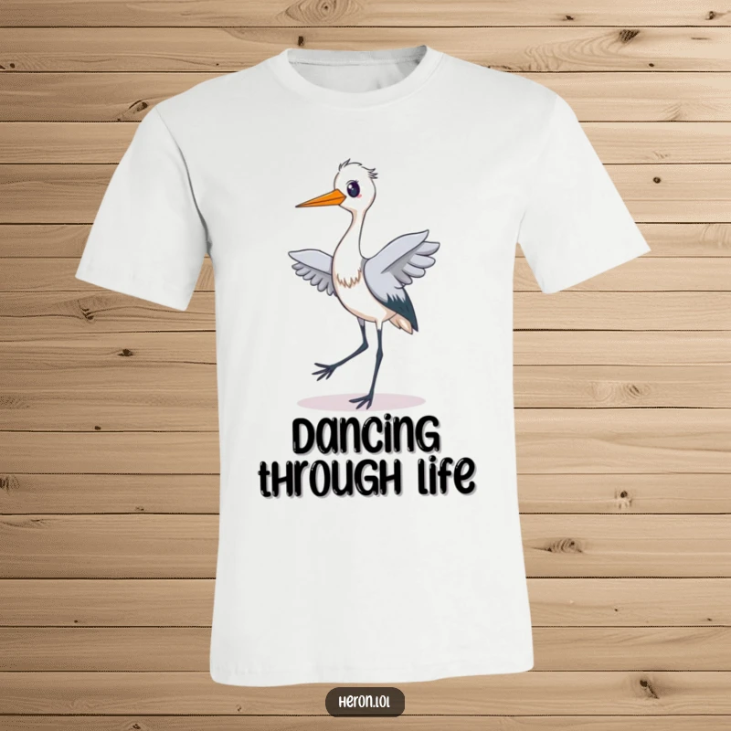 Funny t-shirt featuring a delighted heron performing a silly, exaggerated tiptoe dance with its long legs, showcasing pure, goofy happiness.