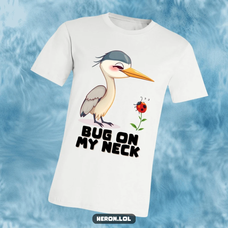 Funny Smiling Heron T-Shirt: Adorable heron bird smiling as a ladybug crawls on its neck, showcasing a humorous and sweet friendship.
