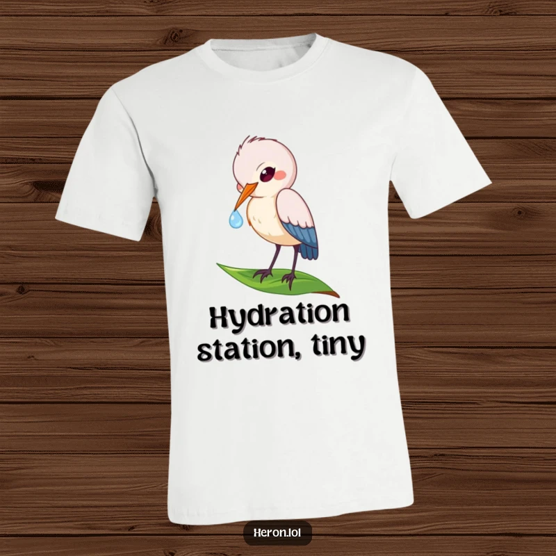 Funny t-shirt showcasing a playful heron bird taking a tiny sip from a dewdrop resting on a vibrant leaf.