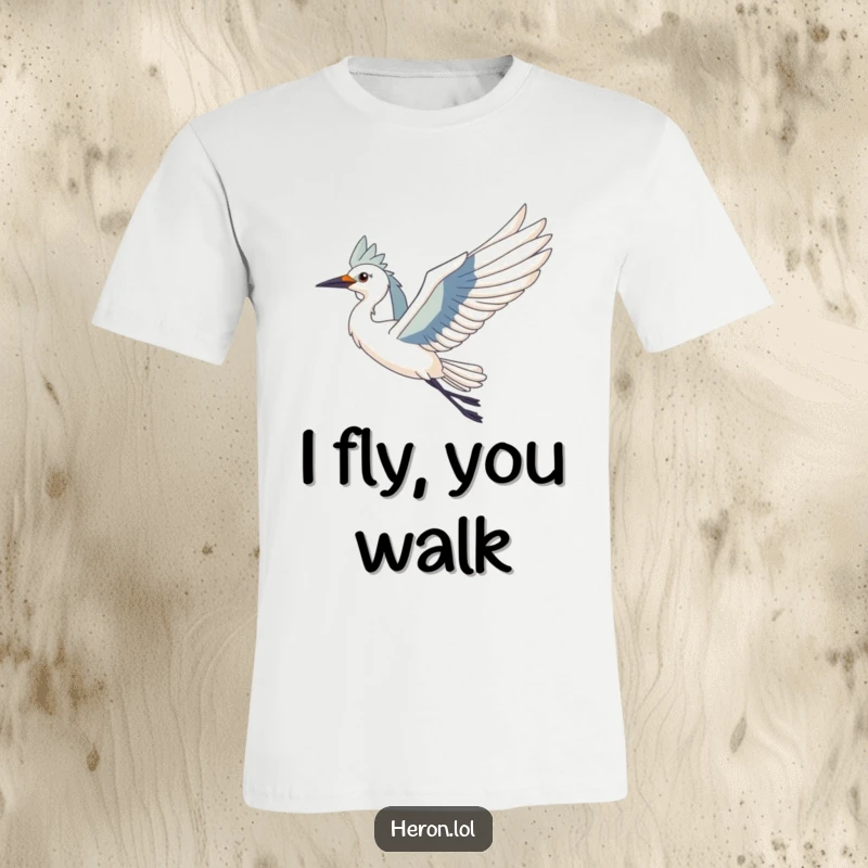 Funny Heron Bird T-Shirt: A majestic heron with wings spread wide, gracefully riding a gentle breeze, showcasing aerial freedom.