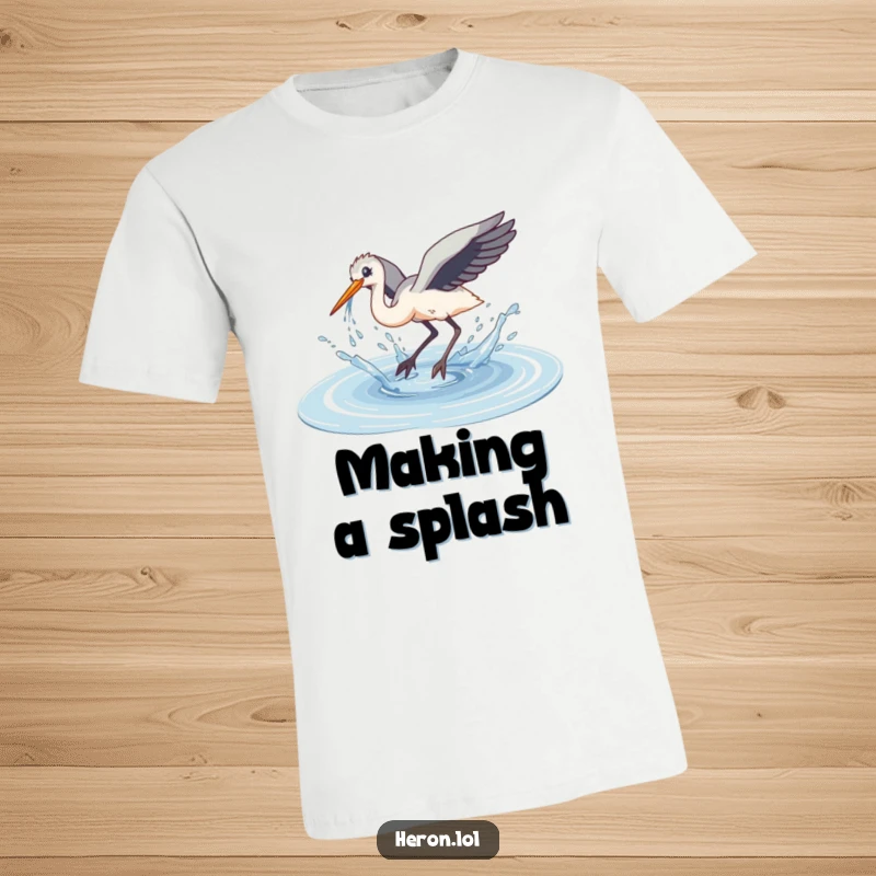 Funny Clumsy Dive Heron T-Shirt: A heron executes a clumsy dive into a puddle, sending a huge water splash flying.