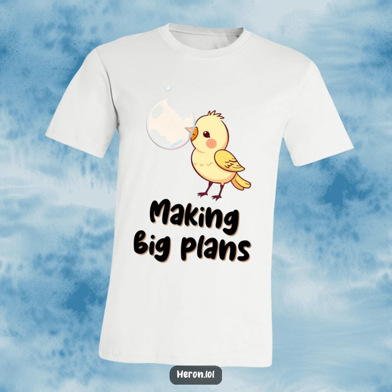 Funny t-shirt featuring a cute bird with its beak puffed out, playfully blowing a large, transparent bubble, radiating pure, innocent fun.