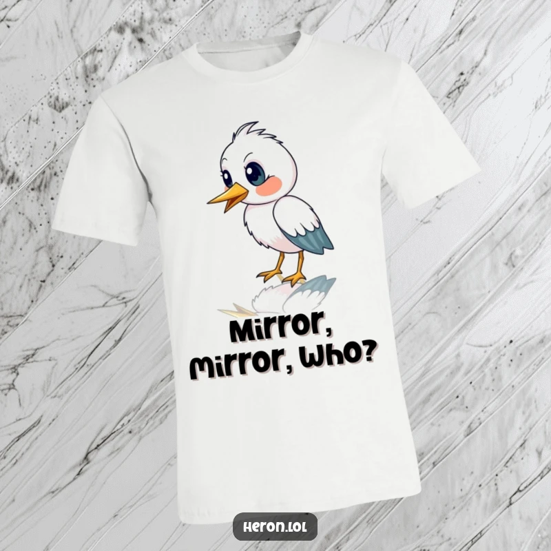 Funny t-shirt depicting a cute heron bird with an astonished expression staring intently at its own reflection, highlighting surprise.