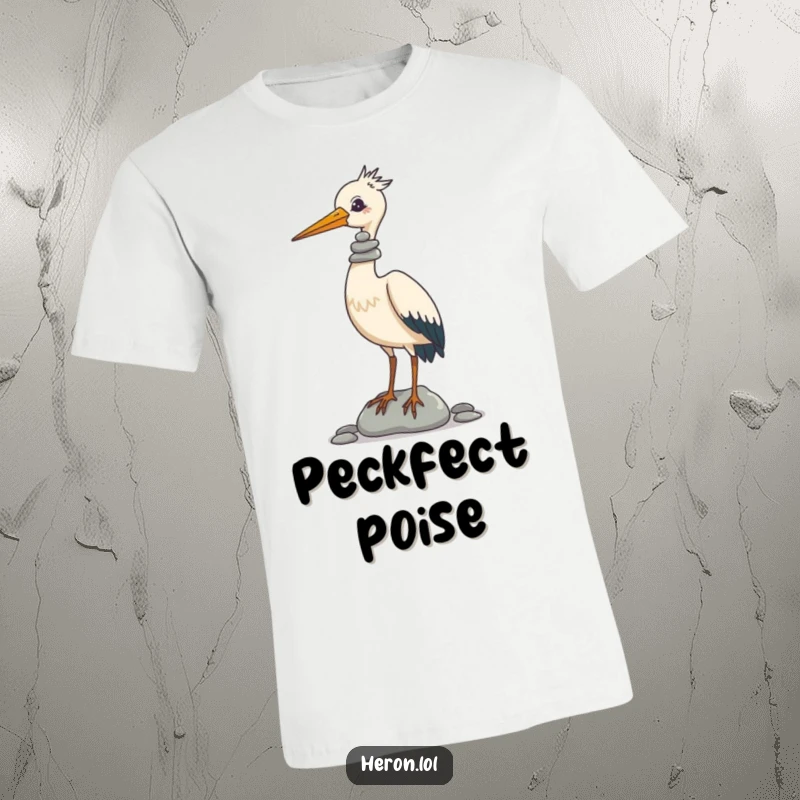 Funny T-Shirt showcasing a focused heron with a precarious stack of pebbles balanced perfectly on its beak, looking hilariously serious.