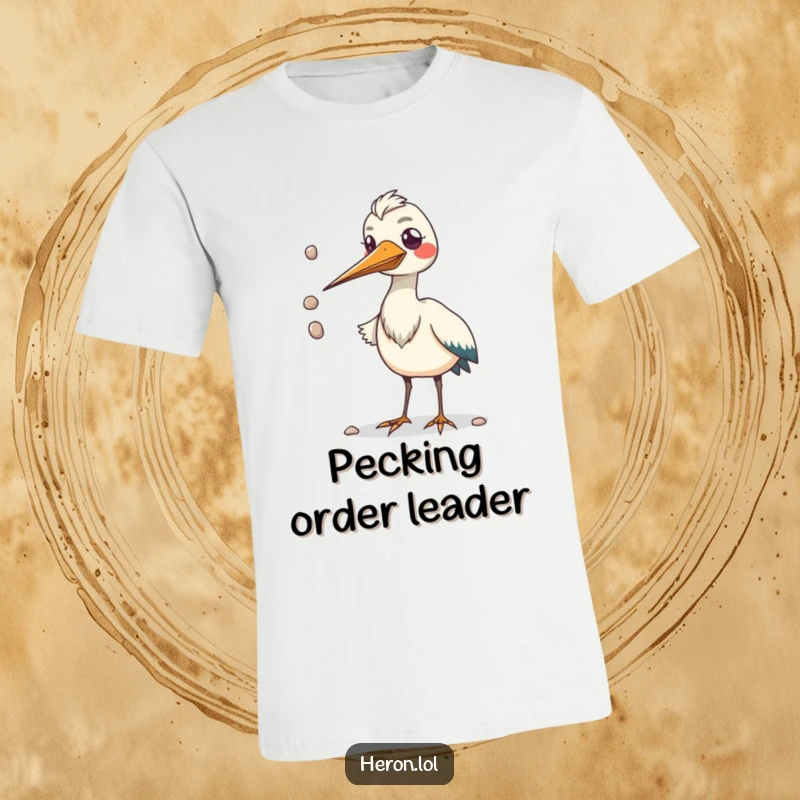 Funny t-shirt illustrating a kawaii heron bird with a comically oversized beak juggling small pebbles, evoking amusement.