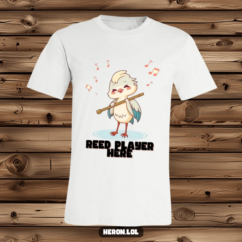 Funny joyous heron playing a flute made of a reed, with musical notes floating, musical bird t-shirt.