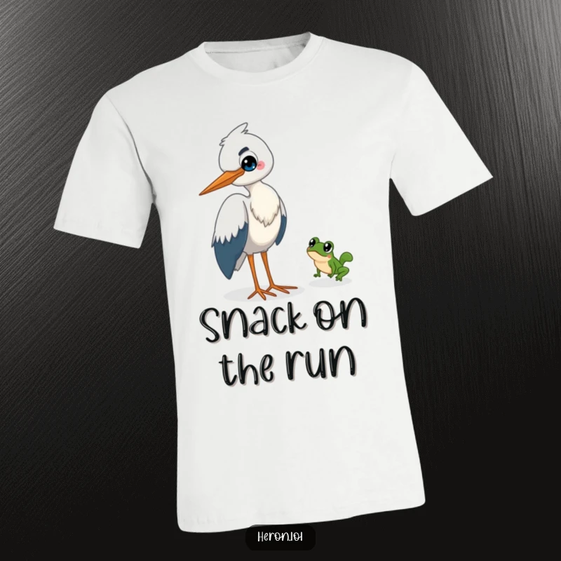 Funny Heron T-Shirt: A mischievous heron grins slyly as a tiny frog makes a speedy leap to freedom.