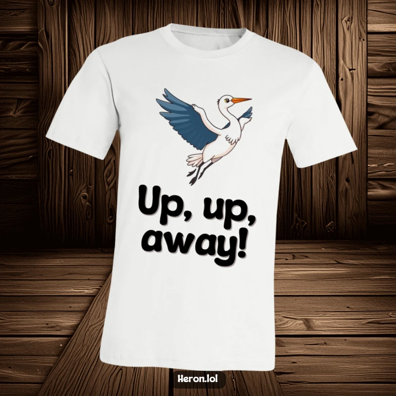 Funny Kawaii Heron T-Shirt: Cute heron bird artfully taking flight, wings spread wide, showcasing a humorous and graceful aerial display.