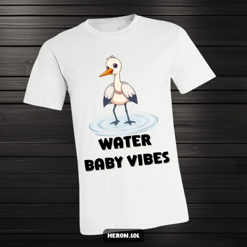 Funny T-Shirt showcasing a heron wading playfully through shallow water, captured mid-giggle, embodying pure joy and lighthearted fun.