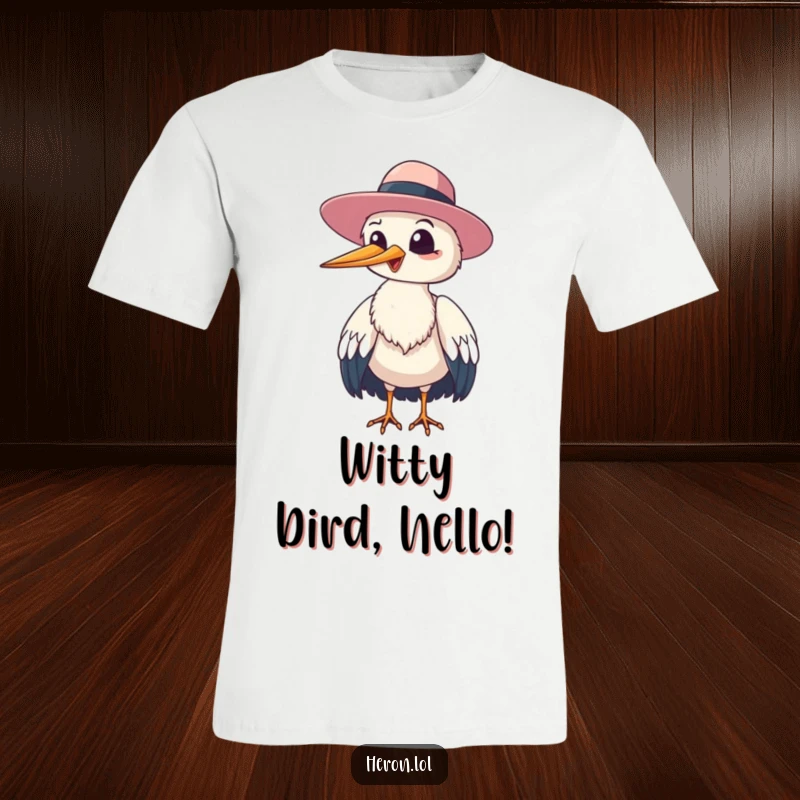 Funny heron bird giggling and tipping its floppy hat to the viewer, depicted on a humorous t-shirt for cheerful greetings.