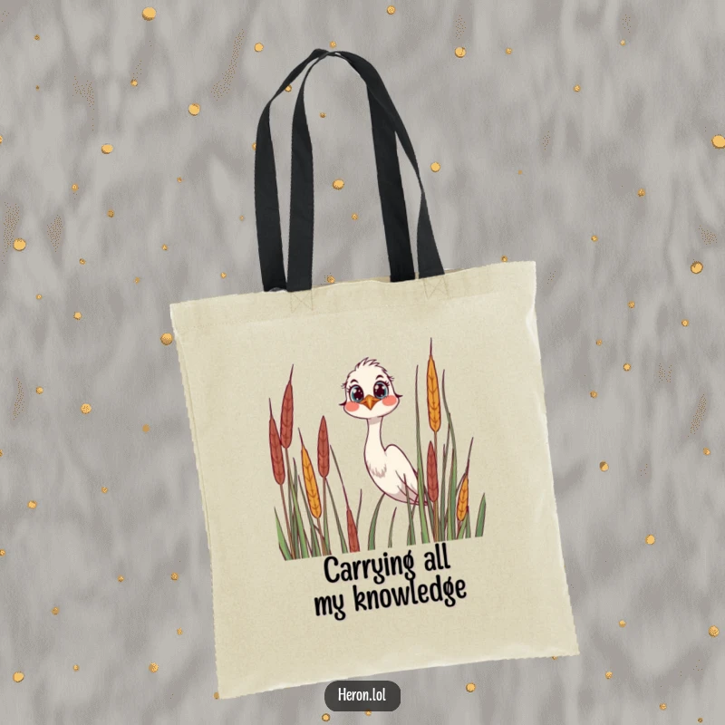 Funny Tote Bag with a joyful heron peering over reeds, its wide, curious eyes observing the world with gentle amusement.