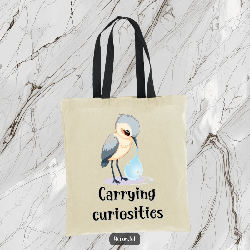 Funny Heron Tote Bag: A curious bird peers into a glistening dewdrop, perfect for carrying items with magical humor.
