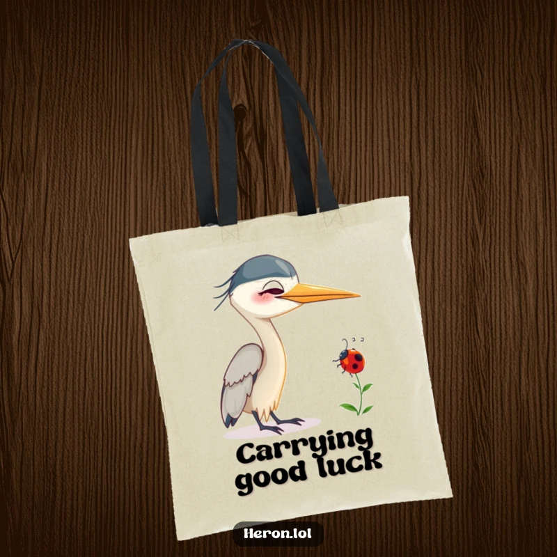 Funny Smiling Heron Tote Bag: Cute heron bird smiling with a ladybug crawling on its neck, a humorous and charming accessory.