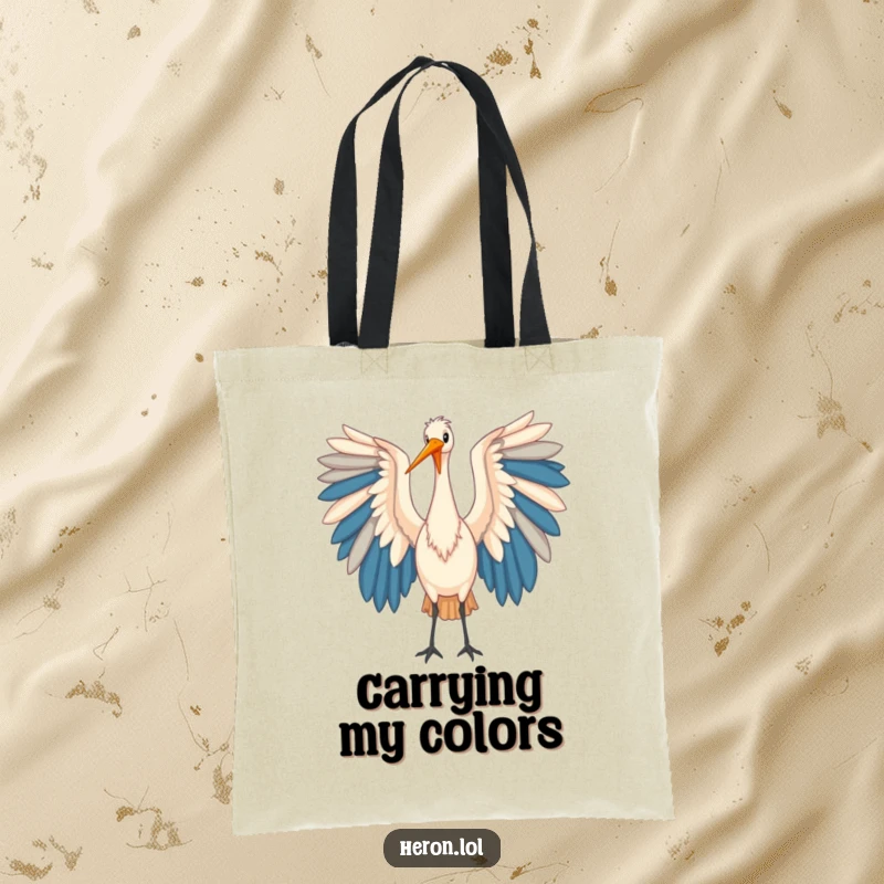 Funny Heron Tote Bag: A vibrant heron bird showcases its large, colorful wings, perfect for carrying daily necessities in style.