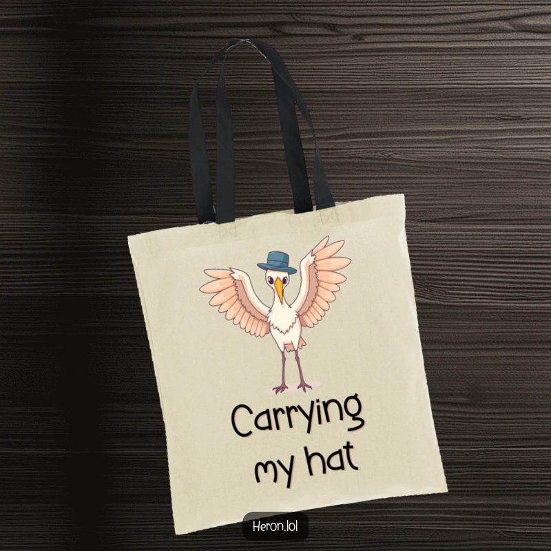 Funny tote bag illustrating a heron with spread wings awkwardly balancing a tiny hat, a humorous accessory for daily use.