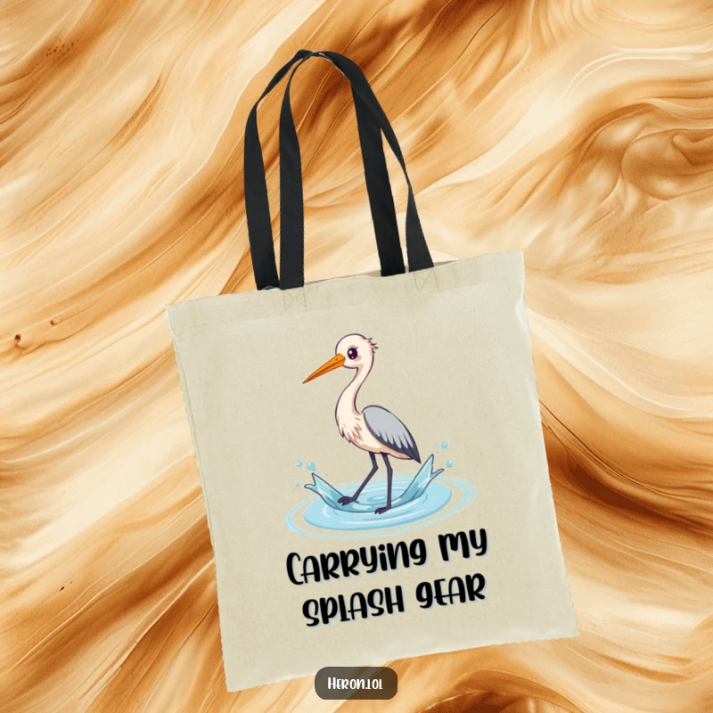 Funny kawaii heron tote bag depicting a cute bird splashing water with its long legs, ideal for everyday use and gifting.