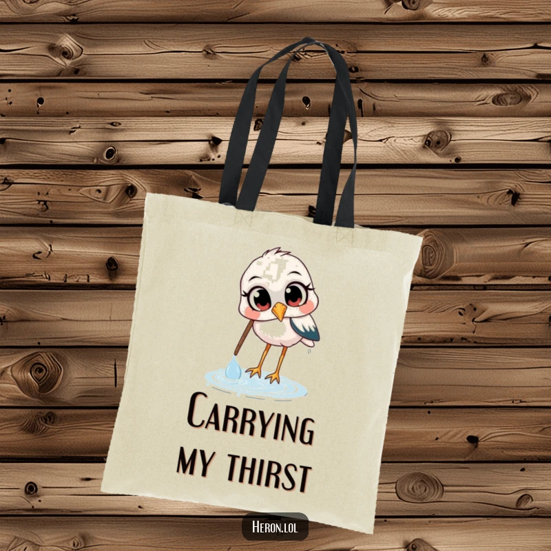 Funny tote bag featuring a heron with wide, curious eyes, actively scooping water with its beak, perfect for carrying items with a humorous flair.
