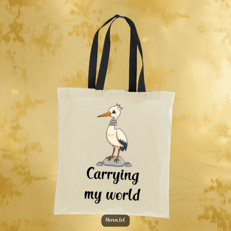 Funny Tote Bag depicting a focused heron with an impressive, precarious stack of pebbles balancing on its beak, ready for your shopping needs.