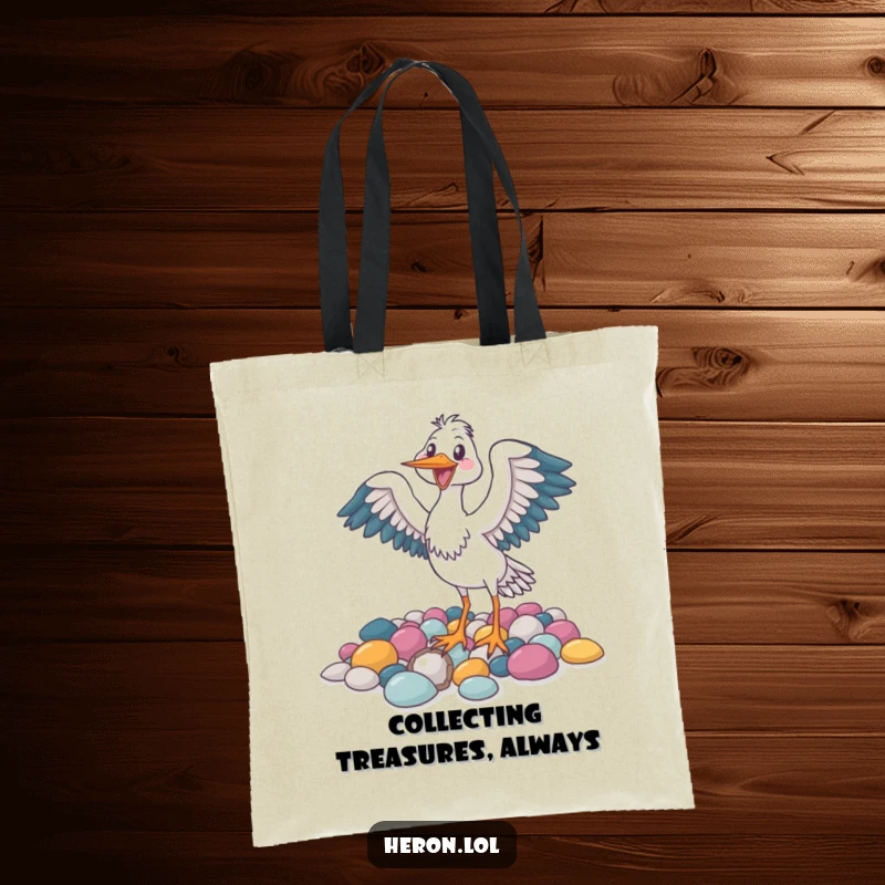 Funny tote bag showcasing a joyful heron bird flapping its wings near a pile of colorful pebbles, full of life.