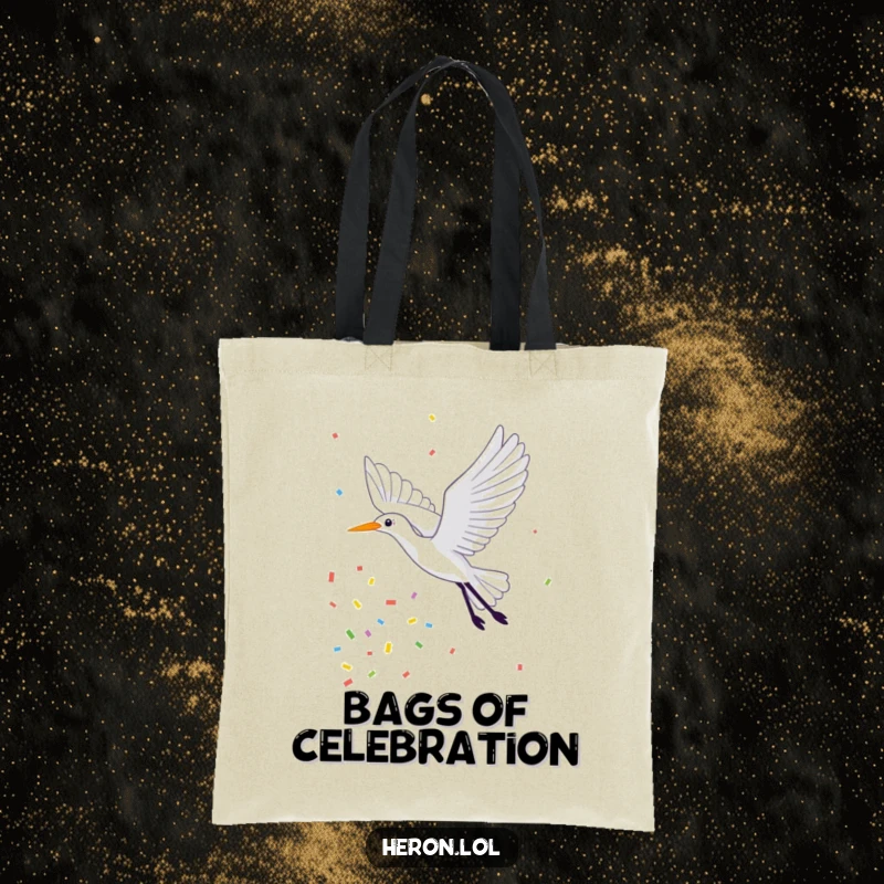 Funny Tote Bag with a lively heron flying through a dazzling shower of colorful confetti, perfect for carrying your party essentials with flair.