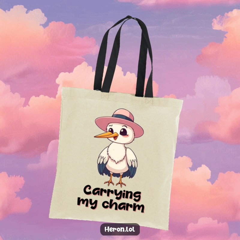 Funny heron bird giggling and tipping its floppy hat to the viewer, a humorous tote bag showcasing cheerful greetings.