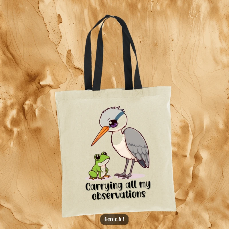 Funny Heron and Frog Tote Bag: Curious heron bird observing a tiny frog, wildlife art, functional humor, funny gift.