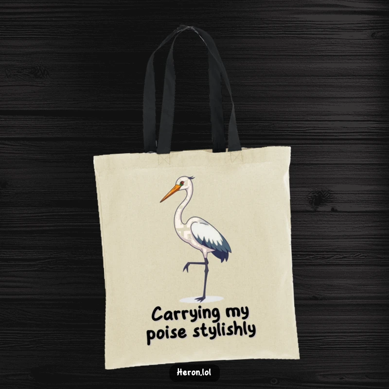 Funny heron tote bag, reusable shopping bag, elegant bird posing on one leg, sophisticated cartoon design, gift for bird lovers.