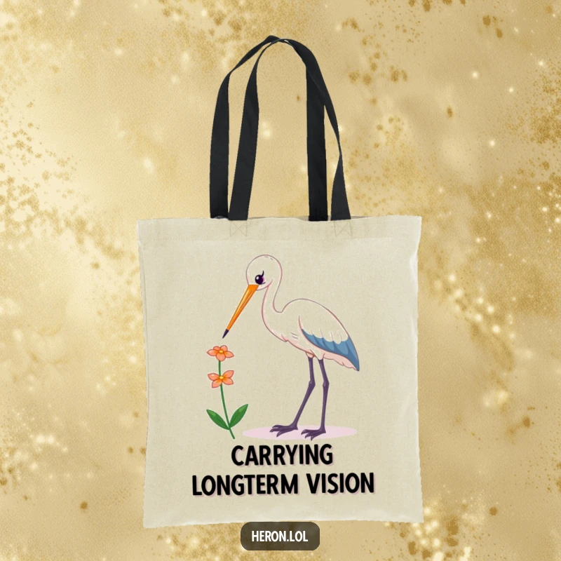 Funny Kawaii Heron Tote Bag: Durable bag with a cute bird reaching for a flower, perfect for stylish, humorous everyday use.