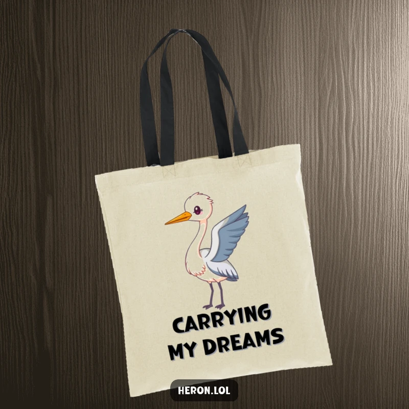 Funny Kawaii Heron Tote Bag depicting an adorable heron with a long neck, looping playfully in the air, perfect for carrying items.