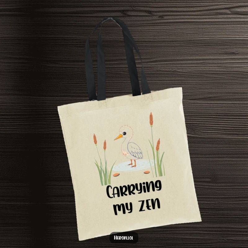 Funny Kawaii Heron Tote Bag: Durable bag with a serene bird wading through reeds, perfect for humorous and peaceful carrying.