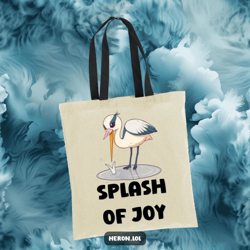 Funny Playful Heron Tote Bag: Cute heron bird playfully dipping its beak into water, creating a humorous splash.
